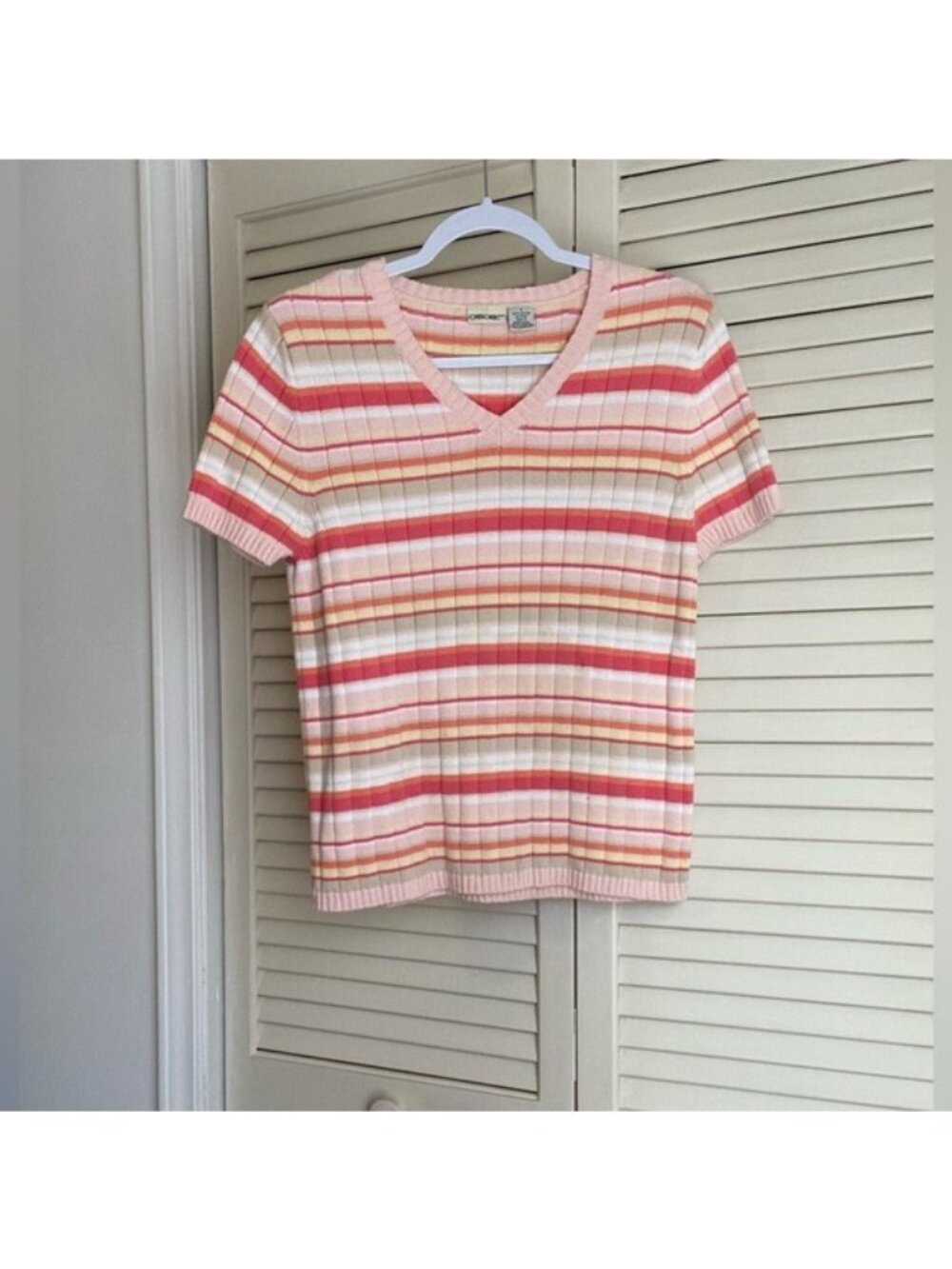 Vintage 90's Cherokee Ribbed Striped Sweater Short Sleeve 100% Cotton Size L